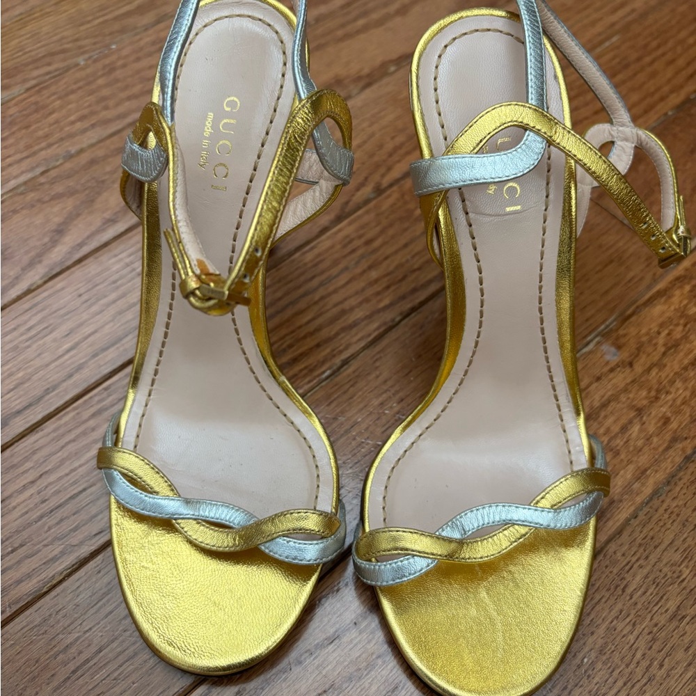 Gucci Gold and Silver High-Heeled Sandals